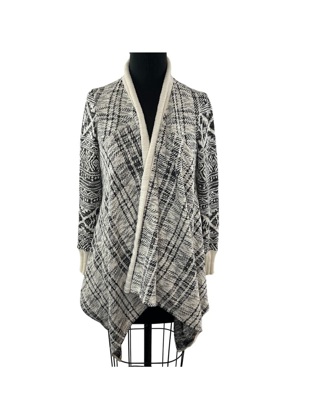 TINY Draped Front Cardigan Sweater Black White Cotton Blend Open Front Size S